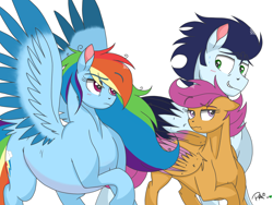 Size: 2048x1536 | Tagged: safe, artist:pimpartist101, character:rainbow dash, character:scootaloo, character:soarin', parent:rainbow dash, parent:soarin', parents:soarindash, species:pegasus, species:pony, ship:soarindash, adopted offspring, colored wings, colored wingtips, male, preggo dash, pregnant, scootadoption, shipping, small head, straight, the dashies