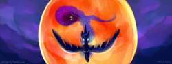 Size: 1200x450 | Tagged: safe, artist:chirpy-chi, character:princess luna, blood moon, female, flying, glowing eyes, moon, solo