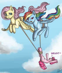 Size: 1100x1294 | Tagged: safe, artist:dreamyartcosplay, character:fluttershy, character:pinkie pie, character:rainbow dash, species:earth pony, species:pegasus, species:pony, carrying, cloud, dialogue, female, flying, hanging, legs in air, mare, pinkie being pinkie, rainbow dash is not amused, rope, sky, spread wings, trio, varying degrees of amusement, wheeeee, windswept hair, windswept mane, wings, worried