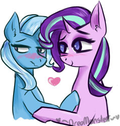 Size: 716x752 | Tagged: safe, artist:oreomonsterr, character:starlight glimmer, character:trixie, species:pony, species:unicorn, ship:startrix, blushing, bust, female, heart, lesbian, looking back, mare, scrunchy face, shipping, simple background, smiling, transparent background