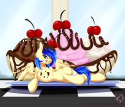 Size: 3500x3000 | Tagged: safe, artist:pinktabico, oc, oc only, oc:silvia, species:pegasus, species:pony, banana, chocolate, commission, draw me like one of your french girls, ice cream, napoleon, plate, solo, strawberry, table, tongue out, vanilla
