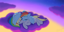 Size: 2000x1000 | Tagged: safe, artist:calicopikachu, character:derpy hooves, character:rainbow dash, species:pegasus, species:pony, ship:derpydash, g4, cloud, cloudy, cuddling, cute, dashabetes, derpabetes, eyes closed, female, hooves, hug, lesbian, lying on a cloud, mare, on a cloud, on side, prone, shipping, sleeping, smiling, wing blanket, winghug, wings