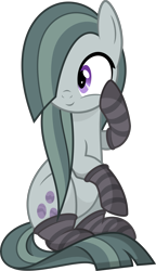 Size: 2647x4598 | Tagged: safe, artist:aureai, character:marble pie, species:earth pony, species:pony, .svg available, clothing, cute, female, hair over one eye, happy, marblebetes, mare, raised hoof, simple background, sitting, smiling, socks, solo, striped socks, transparent background, vector