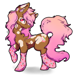 Size: 1024x1020 | Tagged: safe, artist:serenity, oc, oc only, species:pony, species:unicorn, adoptable, cherry, clothing, cute, cutie mark, decorated socks, fluffy, food, ice cream, neopolitan, pose, pretty, socks, solo, spots, spotted