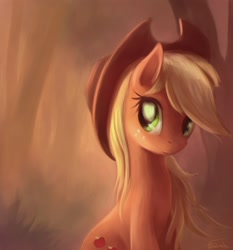 Size: 1200x1286 | Tagged: safe, artist:ajvl, character:applejack, species:earth pony, species:pony, clothing, cowboy hat, female, forest, hat, looking at you, mare, sitting, solo, stetson, tree