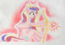 Size: 4080x2824 | Tagged: safe, artist:friendshipishorses, character:princess cadance, aiming, anatomically incorrect, arrow, bow (weapon), bow and arrow, cupid, cupidance, female, incorrect leg anatomy, looking away, princess of love, princess of shipping, shipper on deck, sitting, solo, tongue out, traditional art, weapon