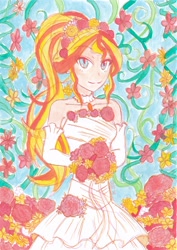 Size: 2468x3484 | Tagged: safe, artist:dragonemperror2810, character:sunset shimmer, my little pony:equestria girls, clothing, dress, female, looking at you, solo, traditional art, wedding dress
