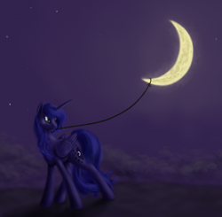 Size: 1000x978 | Tagged: safe, artist:grayma1k, character:princess luna, species:alicorn, species:pony, celestial mechanics, female, moon, mouth hold, night, pulling, rope, solo, tangible heavenly object