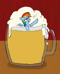 Size: 1125x1401 | Tagged: safe, artist:friendshipishorses, character:rainbow dash, species:pony, alcohol, beer, blushing, cup of pony, dashaholic, drunk, drunker dash, female, hiccup, micro, onomatopoeia, shrunk, solo, tankard, tiny ponies
