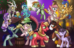 Size: 1280x828 | Tagged: safe, artist:sciggles, character:angel wings, character:big mcintosh, character:discord, character:flash sentry, character:princess ember, character:starlight glimmer, character:trouble shoes, oc, oc:barley tender, oc:caramel malt, oc:sappho, species:dragon, species:earth pony, species:pegasus, species:pony, species:unicorn, apple tree, barmel, barrel, bipedal, bipedal leaning, bow, cider, ciderfest, claws, clothing, colored hooves, cutie mark, dragon wings, dragoness, drinking, eyes closed, fangs, female, floppy ears, flying, full moon, grin, hair bow, hat, hooves, horn, horns, jack-o-lantern, leaning, lidded eyes, looking at each other, male, mare, mare in the moon, moon, mug, night, night sky, open mouth, ponyville ciderfest, prone, pumpkin, sitting, sky, smiling, solo, spread wings, stars, tankard, tree, wings