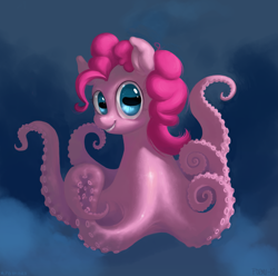 Size: 2365x2350 | Tagged: safe, artist:purmu, character:pinkie pie, creepy, female, grin, high res, looking at you, maybe salmon, monster pony, ocean, octo pie, octopony, octopus, original species, smiling, solo, species swap, underwater