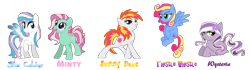 Size: 6431x1800 | Tagged: safe, artist:pinkanon, character:minty, character:star catcher, character:sunny daze (g3), character:thistle whistle, character:wysteria, species:earth pony, species:pegasus, species:pony, g3, female, g3 to g4, generation leap, mare