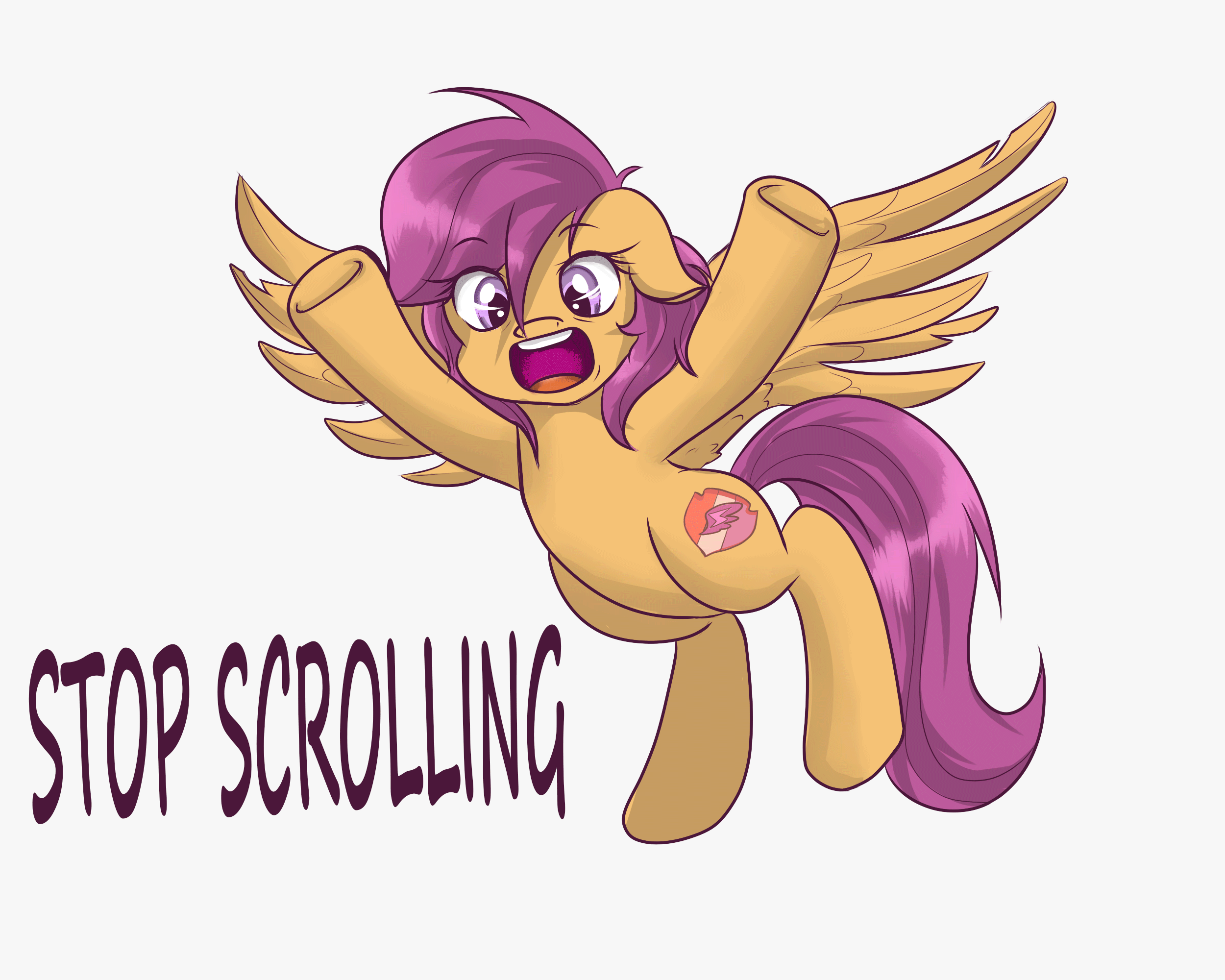 Size: 2500x2000 | Tagged: safe, artist:redheadfly, character:scootaloo, species:pegasus, species:pony, g4, animated, bronybait, cutie mark, dialogue, female, flailing, floppy ears, flying, gif, looking at you, mare, older, older scootaloo, open mouth, scootaloo can fly, simple background, solo, spread wings, text, the cmc's cutie marks, underhoof, waving, white background, wings