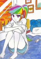 Size: 2385x3395 | Tagged: safe, artist:dragonemperror2810, character:rainbow dash, my little pony:equestria girls, barefoot, bed, bedroom, clothing, feet, female, looking at you, shorts, sitting, solo, traditional art