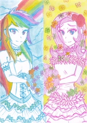 Size: 2468x3484 | Tagged: safe, artist:dragonemperror2810, character:fluttershy, character:rainbow dash, species:human, clothing, dress, duo, flower, humanized, looking at you, traditional art, wedding dress