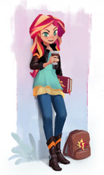 Size: 1067x1800 | Tagged: safe, artist:ajvl, character:sunset shimmer, my little pony:equestria girls, backpack, clothing, coffee, cup, dress, female, human coloration, journal, leather jacket, pants, solo