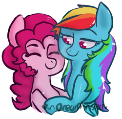 Size: 1024x994 | Tagged: safe, artist:oreomonsterr, character:pinkie pie, character:rainbow dash, ship:pinkiedash, female, hug, lesbian, shipping, watermark