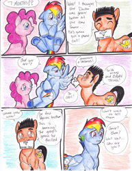 Size: 2552x3300 | Tagged: safe, artist:tristanjsolarez, character:pinkie pie, character:rainbow dash, oc, species:earth pony, species:pegasus, species:pony, comic:trans ponies, comic, female, male, mare, simple background, stallion, traditional art, transgender