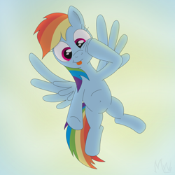Size: 800x800 | Tagged: safe, artist:m.w., character:rainbow dash, species:pegasus, species:pony, backlighting, belly button, blep, cute, dashabetes, female, flying, silly, silly pony, smiling, solo, tongue out