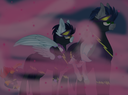 Size: 1168x866 | Tagged: dead source, safe, artist:neonaarts, character:descent, character:lightning dust, character:nightshade, character:soarin', oc, oc:rapidfire, oc:starry skies, species:pony, fanfic:piercing the heavens, glow, glowing eyes, rapid fire, shadowbolts