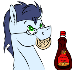 Size: 860x790 | Tagged: safe, artist:neonaarts, character:soarin', species:pony, aunt jemima, cute, food, glasses, male, mouth hold, nerd, solo, waffle