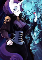 Size: 2480x3508 | Tagged: safe, artist:dozer, character:rarity, species:anthro, breasts, busty rarity, cleavage, clothing, corset, crossover, female, glasses, grimgrimoire, looking at you, pixiv, red eye, skull
