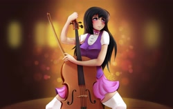 Size: 5344x3375 | Tagged: safe, artist:guinefurrie, character:octavia melody, species:human, blushing, bow (instrument), bow tie, breasts, busty octavia, cello, cello bow, equestria girls outfit, female, humanized, musical instrument, solo, zettai ryouiki