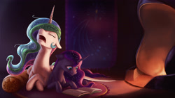 Size: 3840x2160 | Tagged: safe, artist:starblaze25, character:princess celestia, character:princess luna, species:alicorn, species:pony, book, crossed hooves, cute, drool, duo, eyes closed, female, fireplace, floppy ears, majestic as fuck, mare, missing accessory, open mouth, prone, reading, royal sisters, sleeping, smiling, snoring, wide eyes, wing blanket
