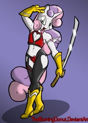 Size: 503x698 | Tagged: safe, artist:theburningdonut, character:sweetie belle, species:anthro, armband, armpits, boots, costume, cutie honey, katana, nightmare night, sword, weapon