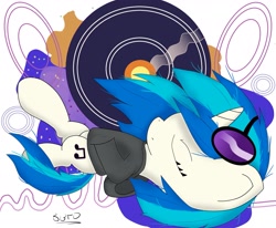Size: 2483x2049 | Tagged: safe, artist:bronybehindthedoor, character:dj pon-3, character:vinyl scratch, clothing, female, hoodie, signature, solo, vinyl's glasses