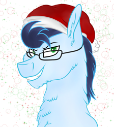 Size: 1295x1443 | Tagged: safe, artist:neonaarts, character:soarin', species:pony, chest fluff, clothing, glasses, hat, male, nerd, santa hat, smiling, solo