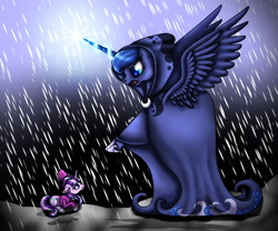 Size: 1200x1000 | Tagged: safe, artist:inspiredpixels, character:princess luna, character:snowfall frost, character:starlight glimmer, episode:a hearth's warming tail, g4, my little pony: friendship is magic, scene interpretation, size difference, snow, spirit of hearth's warming yet to come