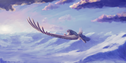 Size: 3000x1500 | Tagged: safe, artist:fynjy-87, oc, oc only, species:pegasus, species:pony, big wings, cloud, flying, impossibly large wings, mountain, scenery, sky, solo, spread wings, wings
