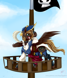 Size: 1280x1477 | Tagged: safe, artist:pinktabico, patreon reward, oc, oc only, species:pegasus, species:pony, bicorne, clothing, hat, open mouth, patreon, pirate, pirate hat, ship, solo, watermark