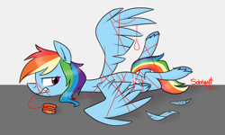 Size: 1024x614 | Tagged: safe, artist:flourret, character:rainbow dash, species:pegasus, species:pony, annoyed, bound, ear fluff, feather, female, gritted teeth, looking back, mare, rainbond dash, signature, solo, string, tangled up, tied up, unshorn fetlocks, upset, yo-yo