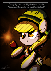 Size: 1600x2200 | Tagged: safe, artist:therandomjoyrider, character:derpy hooves, species:pegasus, species:pony, clothing, dynamite, explosives, female, hat, smiling, solo, this will end in death, this will end in tears, this will end in tears and/or death