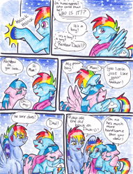 Size: 2501x3276 | Tagged: safe, artist:tristanjsolarez, character:firefly, character:rainbow blaze, character:rainbow dash, species:pegasus, species:pony, comic:trans ponies, ship:fireblaze, g1, g4, clothing, colored pencil drawing, comic, crying, family, female, firefly as rainbow dash's mom, g1 to g4, generation leap, knocking, male, mare, parent, rainbow dash's parents, scarf, shipping, stallion, straight, tears of joy, traditional art, transgender