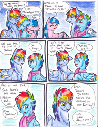Size: 2552x3300 | Tagged: safe, artist:tristanjsolarez, character:firefly, character:rainbow blaze, character:rainbow dash, species:pegasus, species:pony, comic:trans ponies, ship:fireblaze, g1, g4, clothing, colored pencil drawing, comic, crying, family, female, firefly as rainbow dash's mom, g1 to g4, generation leap, male, mare, rainbow dash's parents, scarf, shipping, stallion, straight, tears of joy, traditional art, transgender