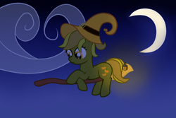 Size: 1200x800 | Tagged: safe, alternate version, artist:saria the frost mage, oc, oc only, oc:pumpkin patch, species:earth pony, species:pony, a foal's adventure, broom, clothing, cloud, crescent moon, cute, cyoa, female, filly, flying, flying broomstick, hat, lantern, moon, night, solo, witch, witch hat