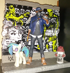 Size: 2190x2287 | Tagged: safe, artist:hashbro, character:dj pon-3, character:vinyl scratch, collector, dedsec, figurine, fire hydrant, marcus holloway, watch dogs, watch dogs 2