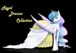 Size: 2600x1800 | Tagged: safe, artist:maria-fly, character:princess celestia, black background, clothing, dress, ear piercing, female, jewelry, lidded eyes, looking at you, piercing, regalia, ruff (clothing), simple background, smiling, solo, unshorn fetlocks