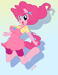 Size: 618x800 | Tagged: safe, artist:miu, character:pinkie pie, species:anthro, species:unguligrade anthro, big breasts, bouncing, breasts, busty pinkie pie, clothing, female, jumping, shadow, simple background, solo