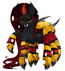 Size: 1093x1200 | Tagged: safe, artist:blackfreya, species:changeling, double colored changeling, female, hybrid, red changeling, simple background, solo, spider, spiderling, transparent background, yellow changeling