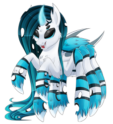 Size: 1093x1200 | Tagged: safe, artist:blackfreya, oc, oc only, species:changeling, blue changeling, double colored changeling, fangs, fluffy, glowing horn, hybrid, magic, male, monster pony, open mouth, original species, raised hoof, simple background, smiling, solo, spider, spiderling, spiderpony, transparent background, unshorn fetlocks, white changeling