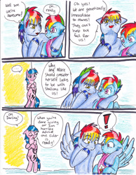 Size: 2552x3296 | Tagged: safe, artist:tristanjsolarez, character:firefly, character:rainbow blaze, character:rainbow dash, species:pegasus, species:pony, comic:trans ponies, ship:fireblaze, g1, g4, bipedal, clothing, colored pencil drawing, comic, crossed arms, crossed hooves, family, female, firefly as rainbow dash's mom, g1 to g4, generation leap, male, mare, rainbow dash's parents, scarf, shipping, stallion, straight, traditional art, transgender
