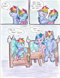 Size: 2552x3292 | Tagged: safe, artist:tristanjsolarez, character:firefly, character:rainbow blaze, character:rainbow dash, species:pegasus, species:pony, comic:trans ponies, ship:fireblaze, g1, g4, blue background, chair, clothing, colored pencil drawing, comic, couch, cup, family, female, firefly as rainbow dash's mom, g1 to g4, generation leap, male, mare, rainbow dash's parents, scarf, shipping, simple background, sitting, stallion, straight, table, teacup, traditional art, transgender, trio