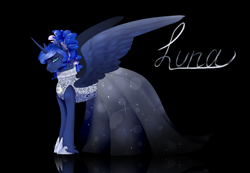 Size: 2600x1800 | Tagged: safe, artist:maria-fly, character:princess luna, alternate hairstyle, beautiful, clothing, dress, female, looking at you, ruff (clothing), smiling, solo
