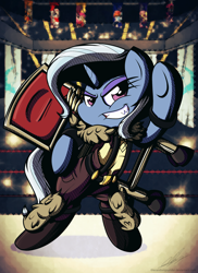 Size: 1600x2200 | Tagged: safe, artist:therandomjoyrider, character:trixie, species:pony, species:unicorn, beowulf, clothing, crossover, female, mare, skullgirls, solo