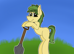 Size: 2000x1455 | Tagged: safe, artist:koonzypony, oc, oc only, oc:cambium root, species:earth pony, species:pony, butt freckles, ear freckles, freckles, grass, shovel, simple background, solo, working