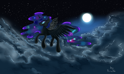 Size: 5000x3000 | Tagged: safe, artist:ruanshi, character:nightmare moon, character:princess luna, absurd resolution, cloud, cloudy, female, flying, galaxy mane, moon, night, solo, stars